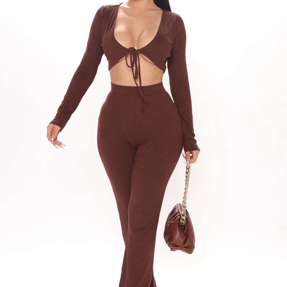 Fashion Nova Chocolate Ribbed Tie-Front Crop & Wide Leg Pants Set